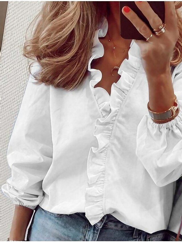 Modern Regular Plain V Neck Long Sleeve Blouse - Image 1
