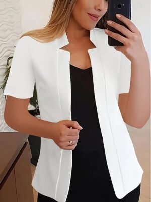 Modern Slim Fit Plain Stand Collar Short Sleeve Blazer - Image 3
