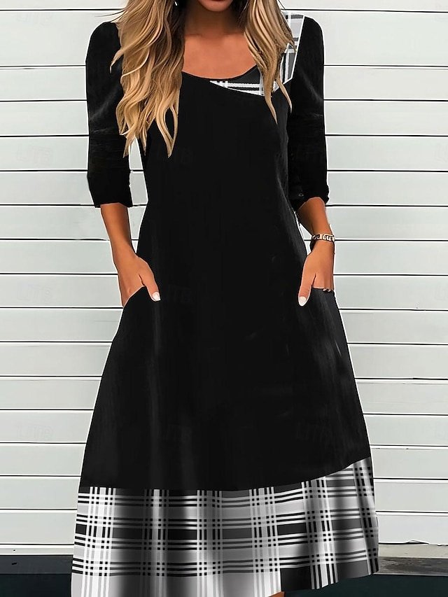 Modest Loose Plaid Crew Neck Long Sleeve Midi Sheath Dress - Image 3
