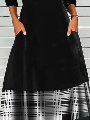 Modest Loose Plaid Crew Neck Long Sleeve Midi Sheath Dress - Image 4