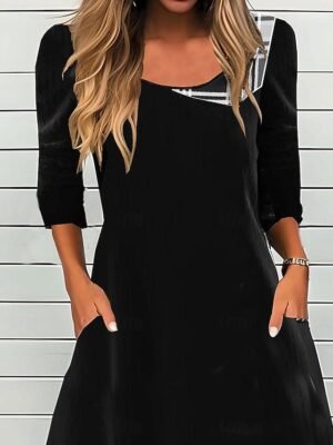 Modest Loose Plaid Crew Neck Long Sleeve Midi Sheath Dress - Image 5