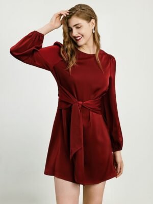 Party Mini Lace-Up Satin Crew Neck Long Sleeve Dress - Image 1
