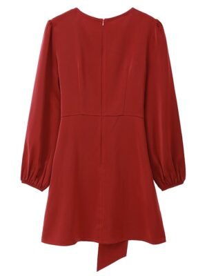 Party Mini Lace-Up Satin Crew Neck Long Sleeve Dress - Image 10