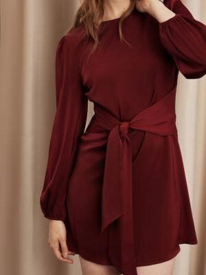 Party Mini Lace-Up Satin Crew Neck Long Sleeve Dress - Image 3