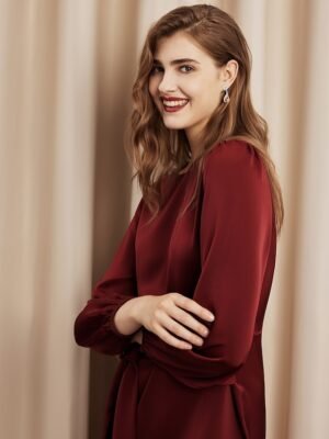 Party Mini Lace-Up Satin Crew Neck Long Sleeve Dress - Image 6