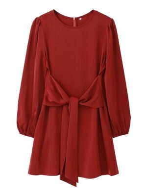 Party Mini Lace-Up Satin Crew Neck Long Sleeve Dress - Image 9