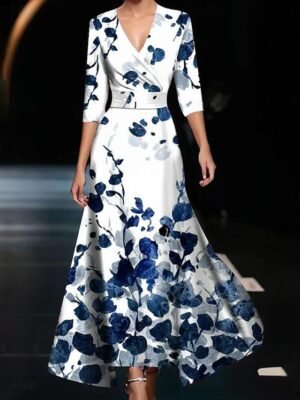 Party Regular Fit Graphic V Neck Long Sleeve Maxi Dress - Image 1