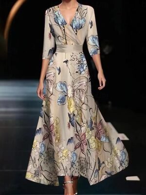 Party Regular Fit Graphic V Neck Long Sleeve Maxi Dress - Image 4