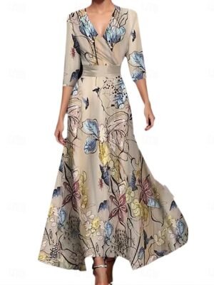 Party Regular Fit Graphic V Neck Long Sleeve Maxi Dress - Image 5
