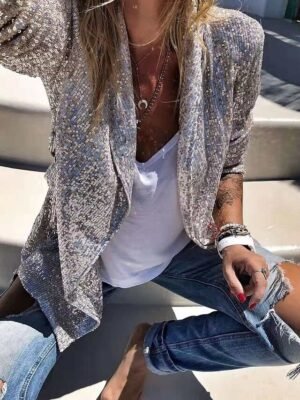 Party Regular Fit Sequin Open Front Long Sleeve Blazer - Image 2