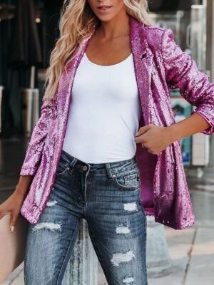 Party Regular Fit Sequin Open Front Long Sleeve Blazer - Image 5
