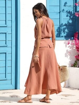 Resort Wear Loose Pink V Neck Sleeveless Two Piece Set - Image 4