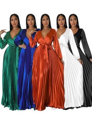 Romantic Regular Fit Pleated V Neck Long Sleeve Maxi Dress - Image 1