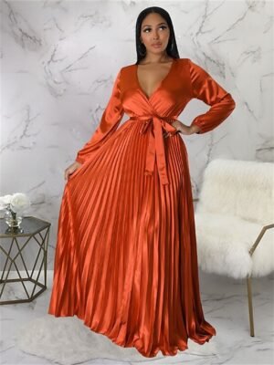 Romantic Regular Fit Pleated V Neck Long Sleeve Maxi Dress - Image 3