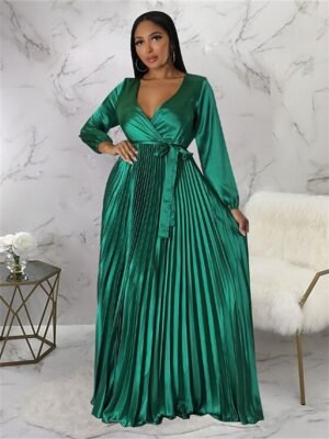 Romantic Regular Fit Pleated V Neck Long Sleeve Maxi Dress - Image 5