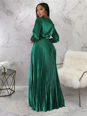 Romantic Regular Fit Pleated V Neck Long Sleeve Maxi Dress - Image 6