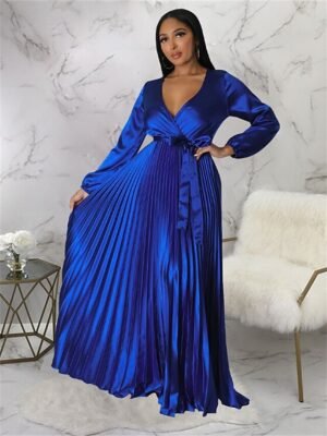 Romantic Regular Fit Pleated V Neck Long Sleeve Maxi Dress - Image 7