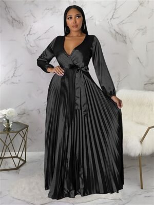 Romantic Regular Fit Pleated V Neck Long Sleeve Maxi Dress - Image 8