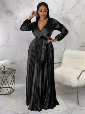Romantic Regular Fit Pleated V Neck Long Sleeve Maxi Dress - Image 9