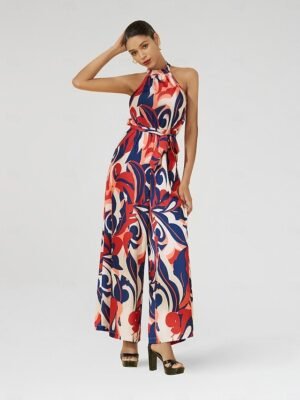 Satin Loose Floral Wide-leg Belted Jumpsuit - Image 1