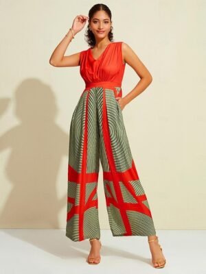 Satin Striped V Neck Sleeveless Jumpsuit - Image 1