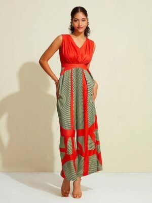 Satin Striped V Neck Sleeveless Jumpsuit - Image 4