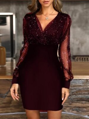 Sexy Bodycon Patchwork V Neck Long Mesh Sleeve Midi Dress - Image 4