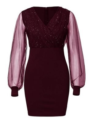 Sexy Bodycon Patchwork V Neck Long Mesh Sleeve Midi Dress - Image 8