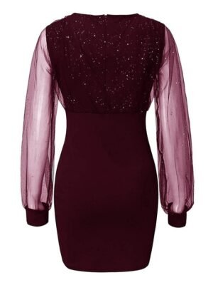 Sexy Bodycon Patchwork V Neck Long Mesh Sleeve Midi Dress - Image 9