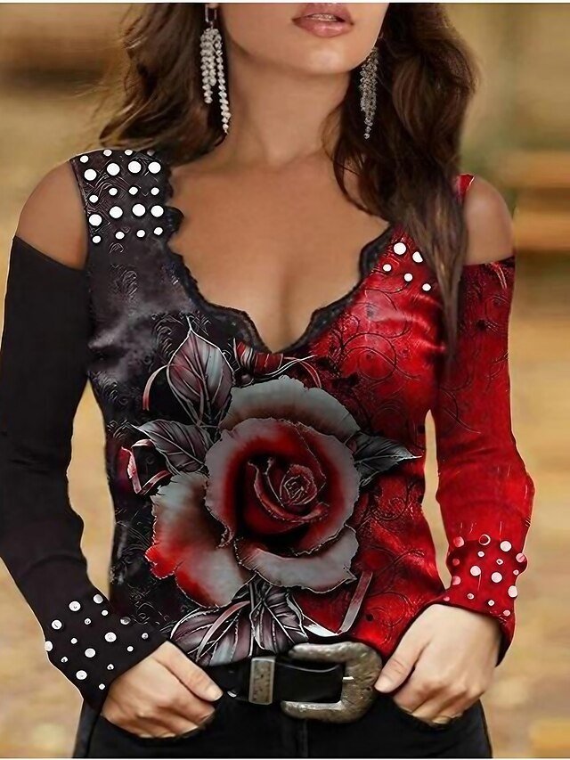 Sexy Casual Rose Deep U Long Sleeve Hollow Out Top - Image 1