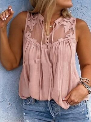 Sexy Plus Size Lace Mesh V Neck Sleeveless Regular Top - Image 1