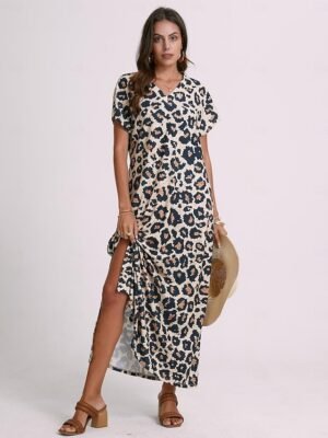 Sexy Regular Fit Leopard V Neck Drop Shoulder Short Sleeve Maxi Dress - Image 1