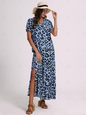 Sexy Regular Fit Leopard V Neck Drop Shoulder Short Sleeve Maxi Dress - Image 11