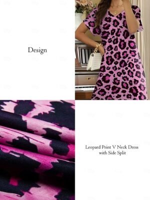 Sexy Regular Fit Leopard V Neck Drop Shoulder Short Sleeve Maxi Dress - Image 8