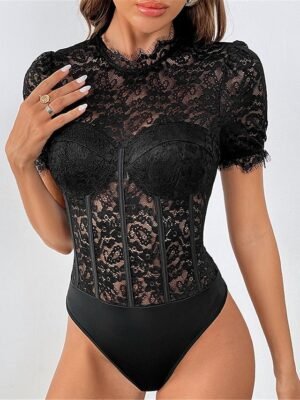 Sexy Regular Fit Solid Colour Stand Collar Short Sleeve Bodysuit - Image 1