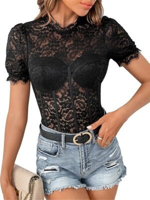 Sexy Regular Fit Solid Colour Stand Collar Short Sleeve Bodysuit - Image 13