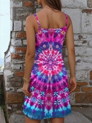 Sexy Regular Fit Tie Dye V Neck Sleeveless Mini Slip Dress - Image 2