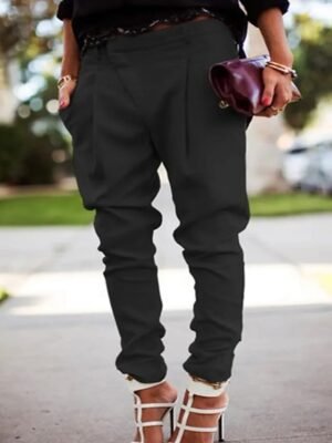 Simple Regular Fit Solid Mid Waist Full Length Cargo Trousers - Image 2