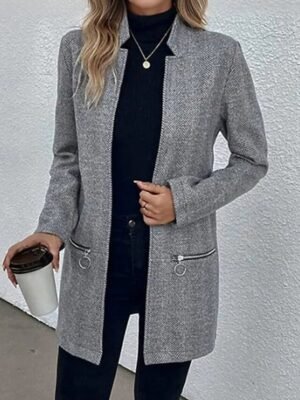 Simple Work Solid Zipper Pocket Long Outerwear - Image 3