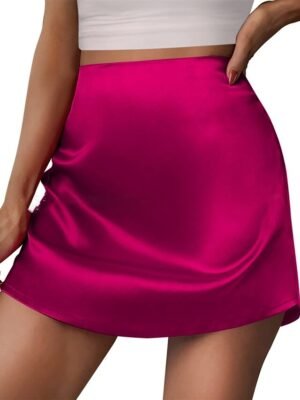 Solid A Line High Waist Mini Satin Skirt - Image 7