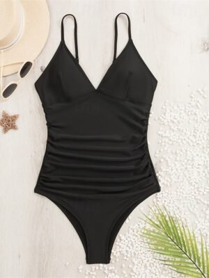 Solid Stretchy Deep V Sleeveless Swimsuit - Image 6