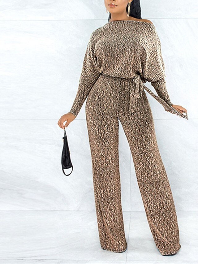 Sparkly One Shoulder Long Sleeve Wide Leg Jumpsuit - Image 2
