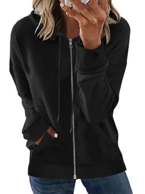 Sports Relaxed Plain Zip Front Long Sleeve Hoodie - Image 7