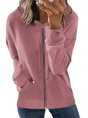Sports Relaxed Plain Zip Front Long Sleeve Hoodie - Image 8