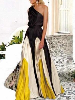 Spring Loose Colour Block One Shoulder Sleeveless Maxi Dress - Image 1