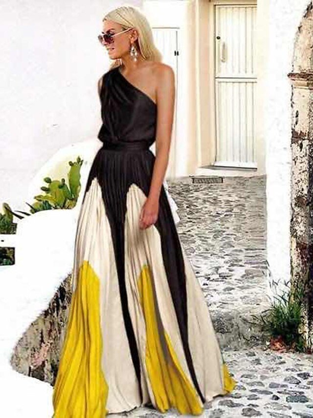 Spring Loose Colour Block One Shoulder Sleeveless Maxi Dress - Image 2
