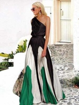 Spring Loose Colour Block One Shoulder Sleeveless Maxi Dress - Image 3