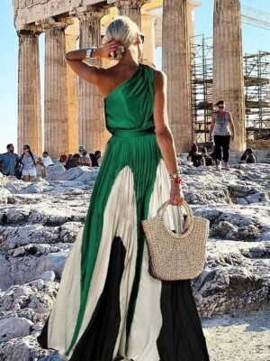 Spring Loose Colour Block One Shoulder Sleeveless Maxi Dress - Image 5