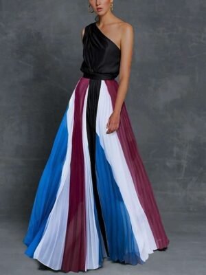 Spring Loose Colour Block One Shoulder Sleeveless Maxi Dress - Image 7