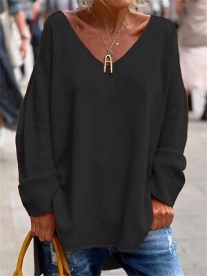 Street Casual Oversized Plain V Neck Long Sleeve Tunic - Image 7